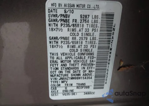 2011 Nissan Murano Sl из США, поврежденный, VIN JN8AZ1MW9BW154354